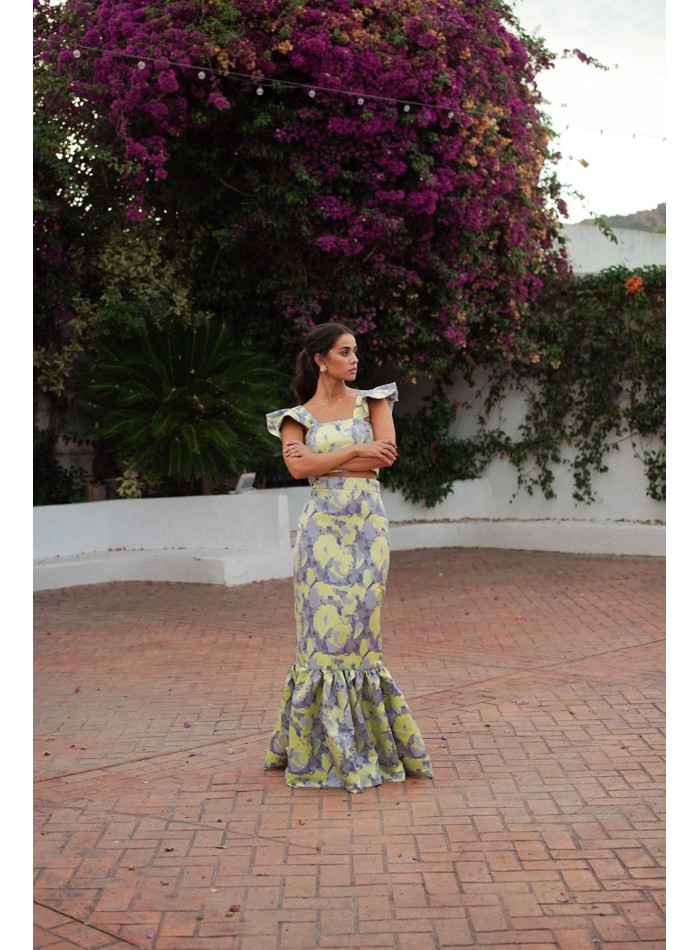 Falda larga jacquard en azul y amarillo para bodas