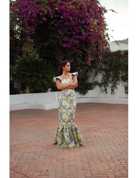 Long jacquard skirt in blue and yellow