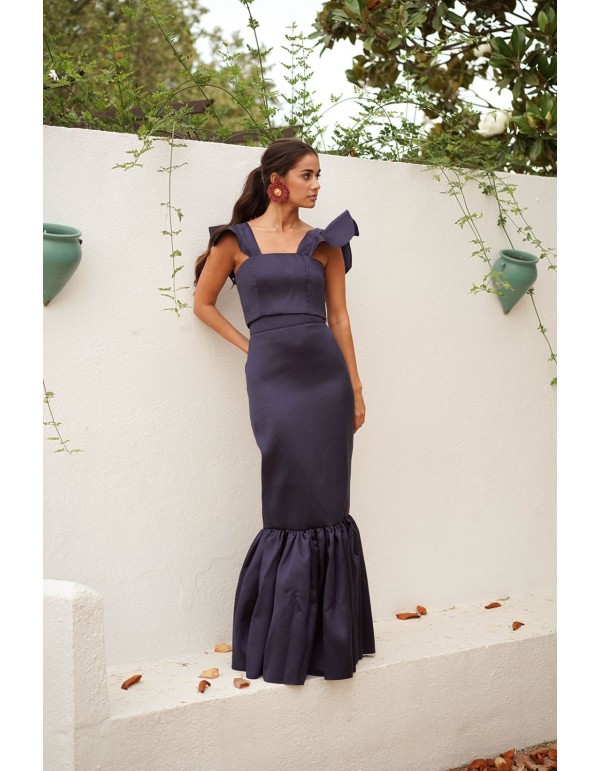 Falda larga azul marino con maxi volante 2