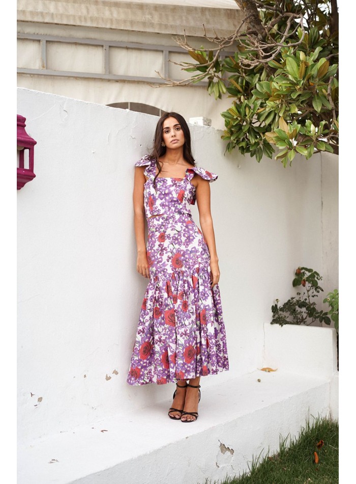 Jupe midi à imprimé floral avec maxi volants