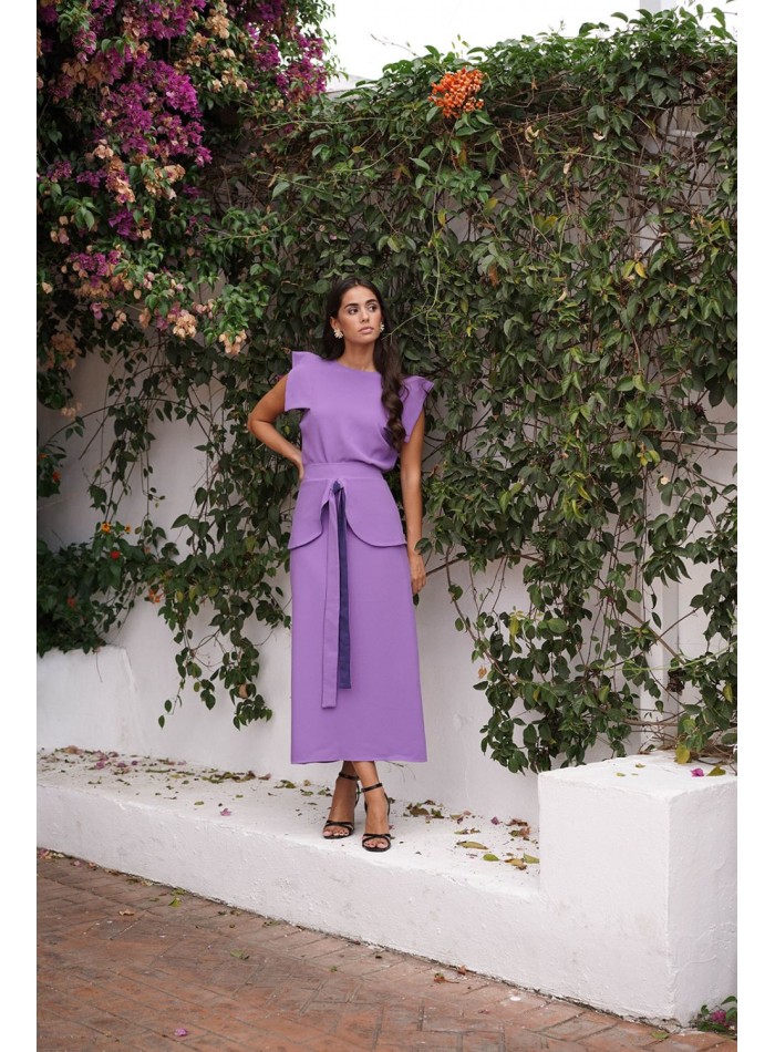 Mauve flared midi skirt with ruffle and lacing