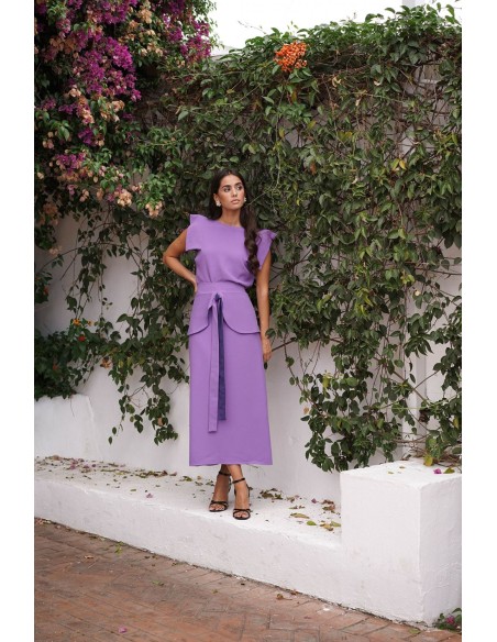 Mauve flared midi skirt with ruffle and lacing