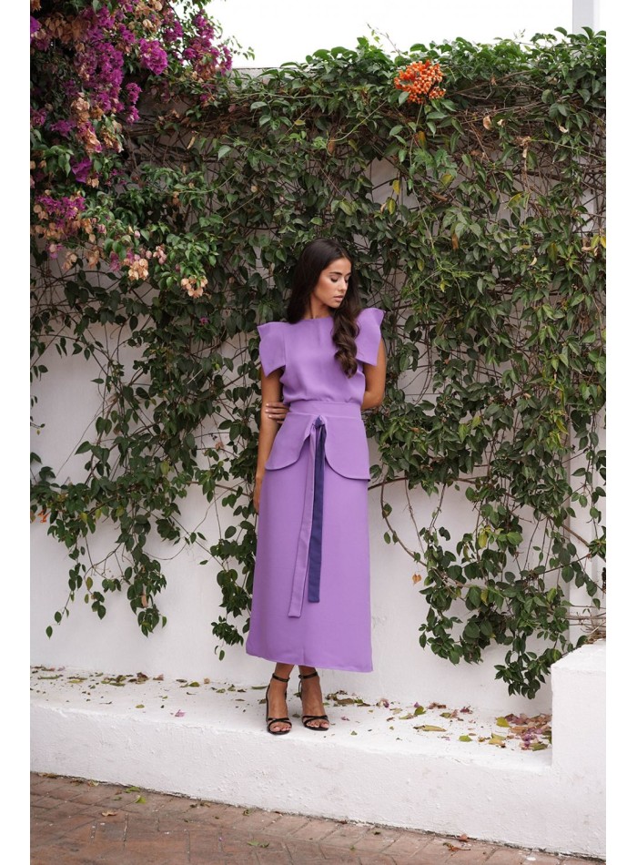 Mauve flared midi skirt with ruffle and lacing