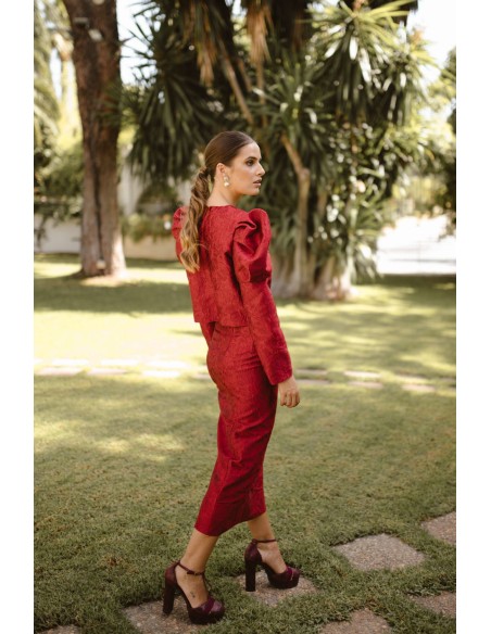 Falda midi de invitada con brocado de flores de Ezelma