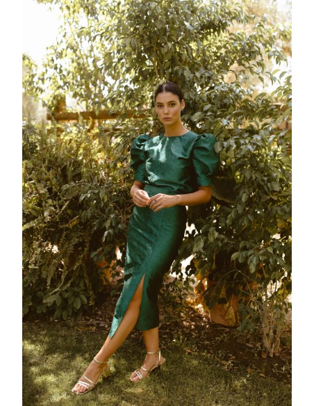 Green bottle green brocade midi skirt with side slit