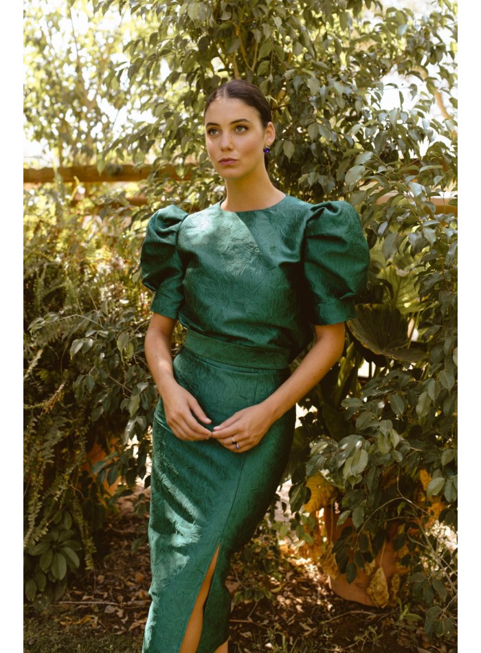 Falda midi verde botella brocada con abertura lateral para bodas