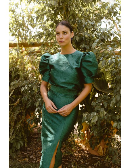 Jupe midi brochée vert bouteille avec fente latérale