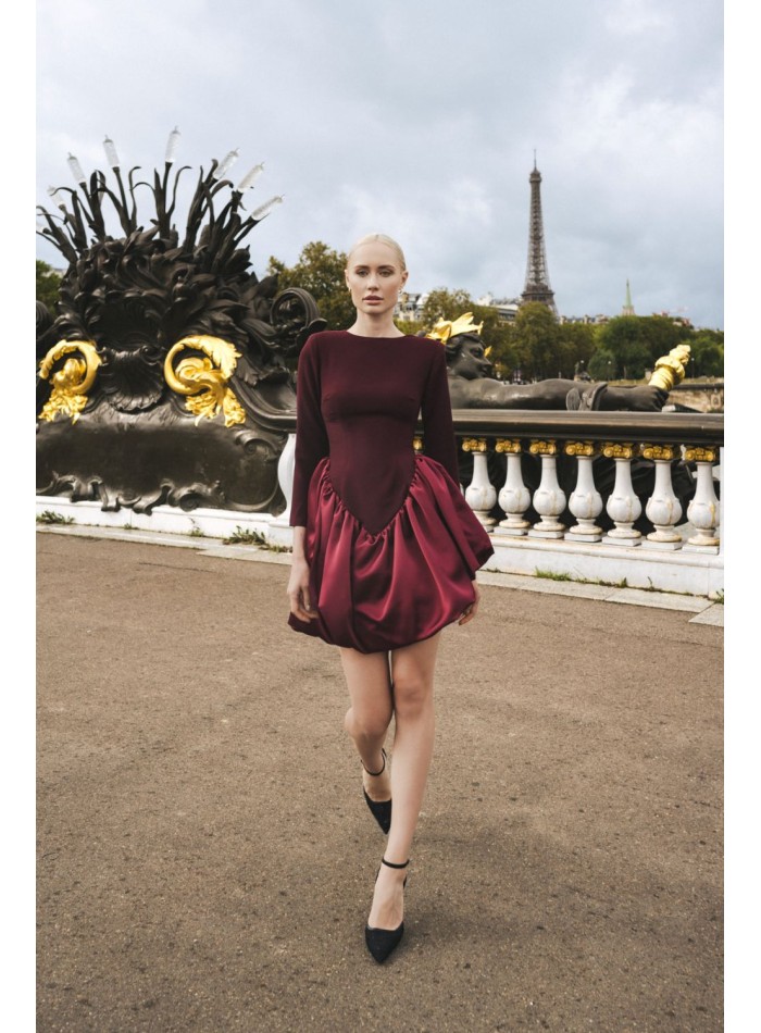 Short burgundy dress with matte body and glossy...