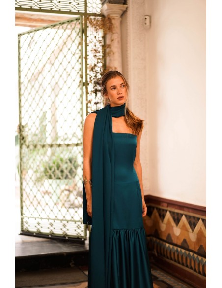 Vestido largo azul petróleo con falda de vuelo para invitada de boda Vestido largo azul petróleo con falda de vuelo para invitada de boda