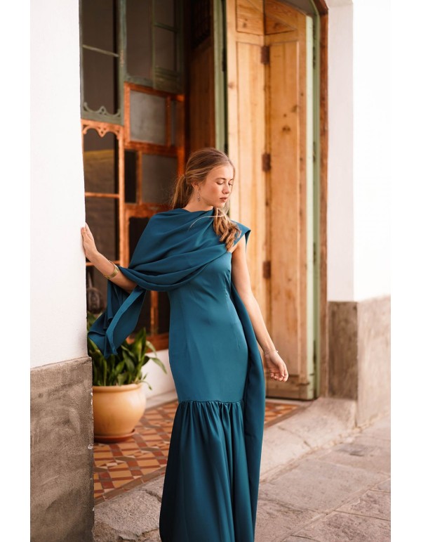 Vestido largo azul petróleo con falda de vuelo 2