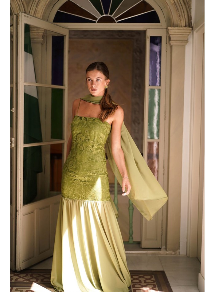Olive green long lace dress with chiffon skirt