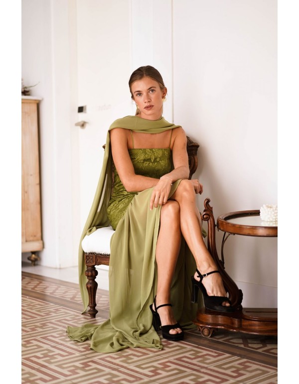 Vestido largo verde oliva de encaje con falda de gasa 2