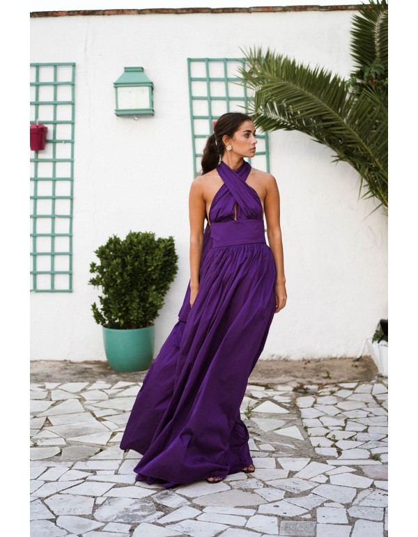 Vestido largo morado con maxi falda y top multiposición 2