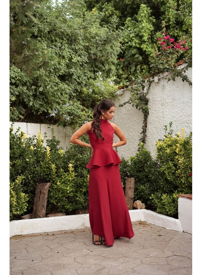 Vestido largo de invitada con cinturón estilo peplum color rojo