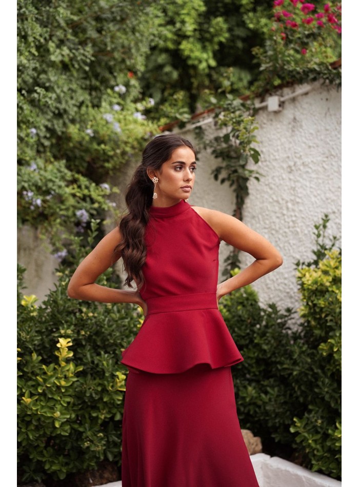 Long guest dress with peplum style belt