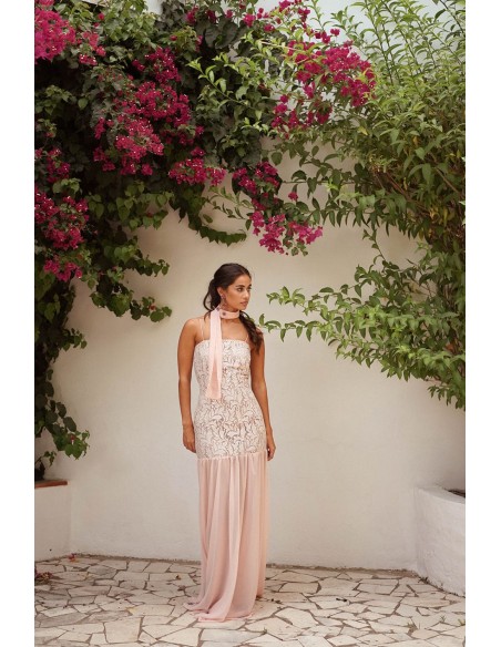 Long pink pearl lace dress with chiffon skirt