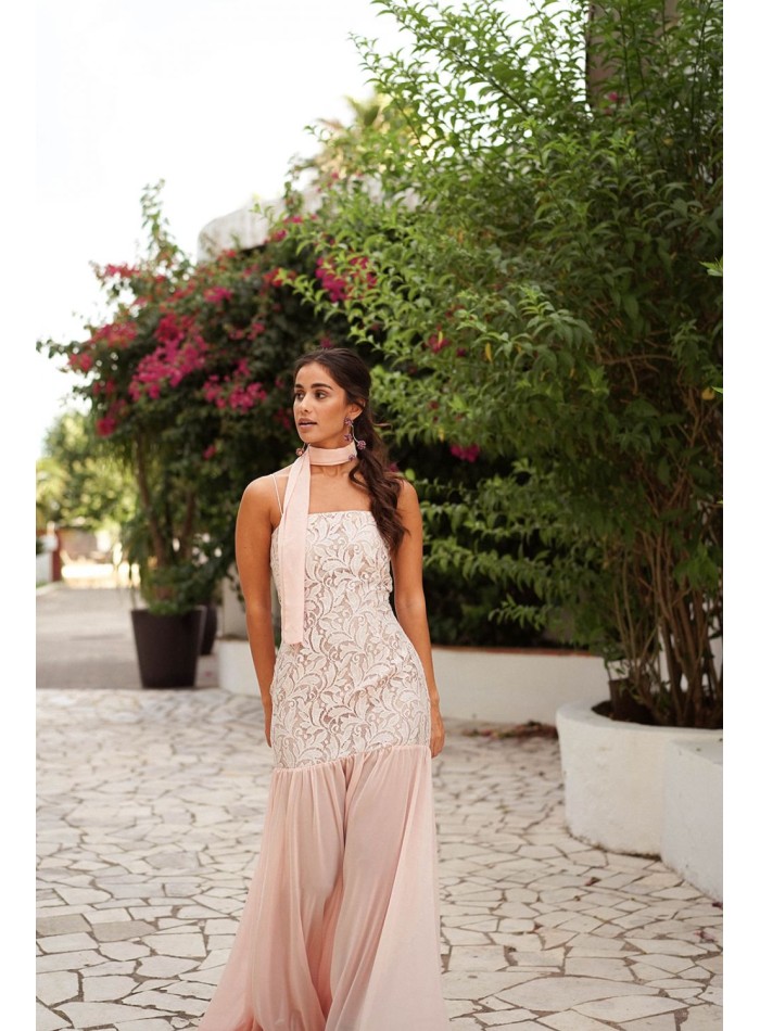 Long pink pearl lace dress with chiffon skirt