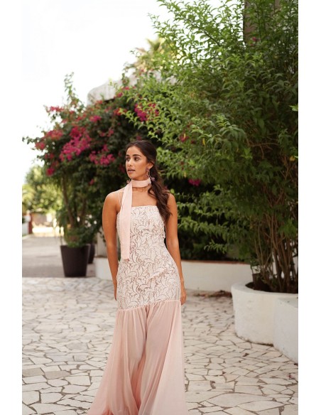 Long pink pearl lace dress with chiffon skirt