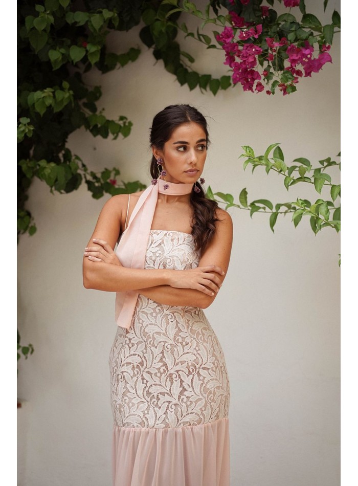 Long pink pearl lace dress with chiffon skirt