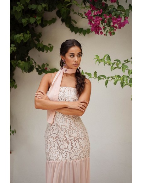 Long pink pearl lace dress with chiffon skirt