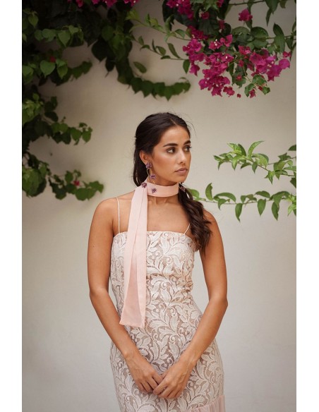 Vestido largo rosa perla de encaje con falda de gasa para bodas de tarde Vestido largo rosa perla de encaje con falda de gasa para bodas de tarde