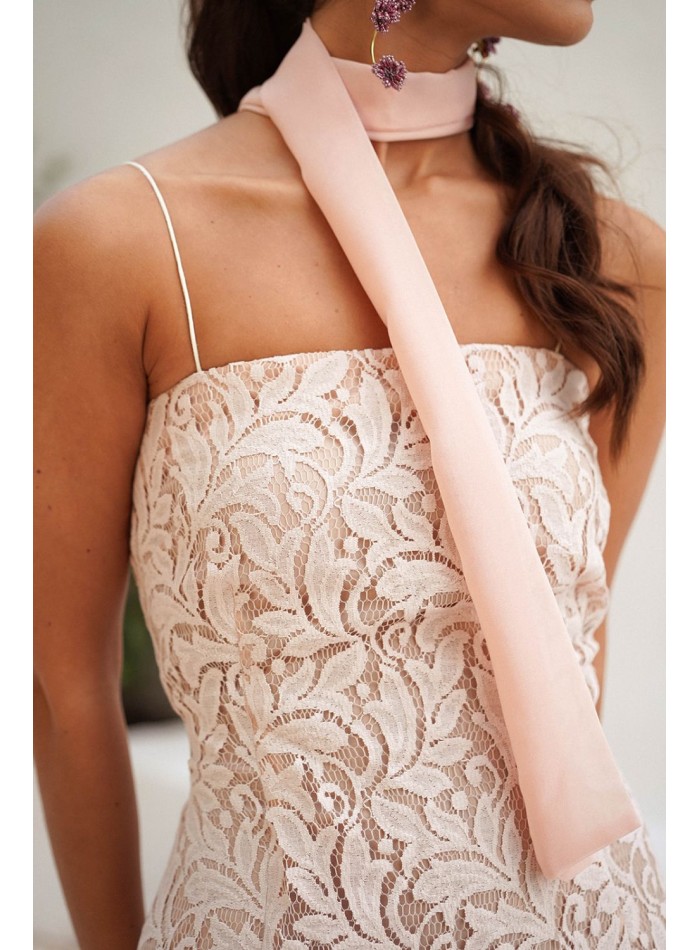 Long pink pearl lace dress with chiffon skirt