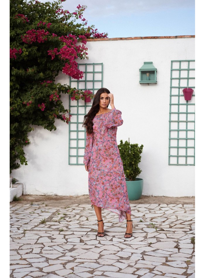 Robe midi asymétrique en mousseline de soie rose à imprimé floral