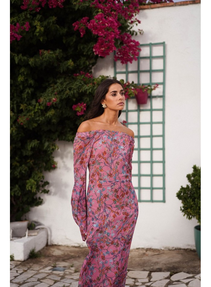 Vestido asimétrico de gasa rosa con estampado floral para ocasiones especiales