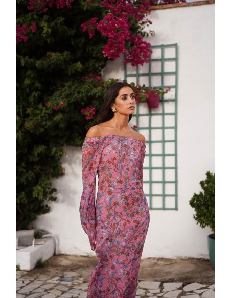 Robe midi asymétrique en mousseline de soie rose à imprimé floral