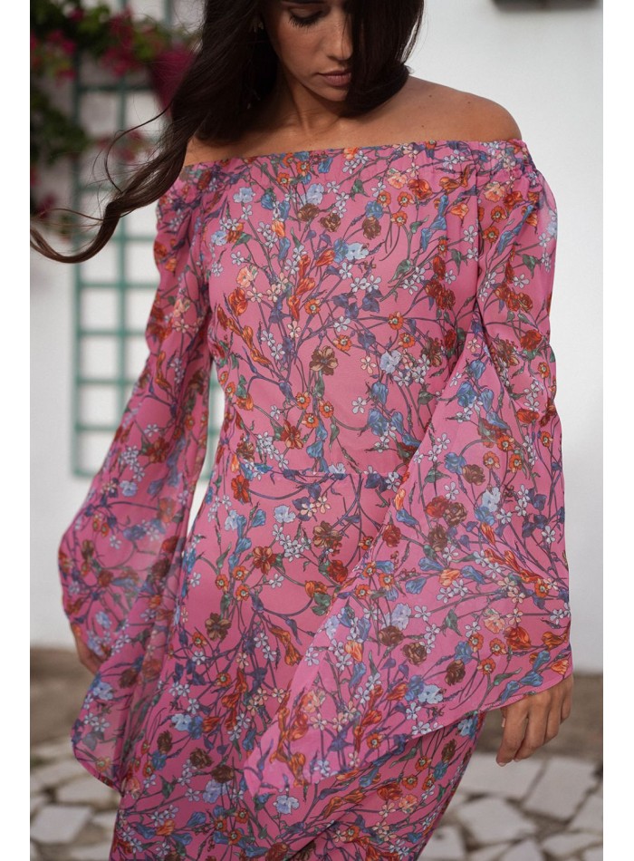 Vestido asimétrico de gasa rosa con estampado floral para ocasiones especiales