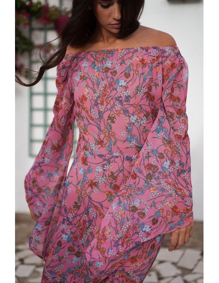 Robe midi asymétrique en mousseline de soie rose à imprimé floral