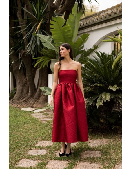 Vestido midi rojo palabra de honor con bolsillos para invitada de boda