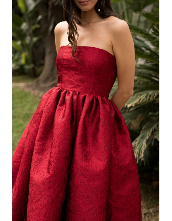 Vestido midi rojo palabra de honor con bolsillos 2