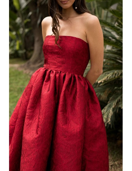 Red strapless midi dress with pockets