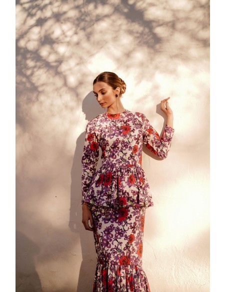 Printed long dress with pleated waist and ruffled hemline