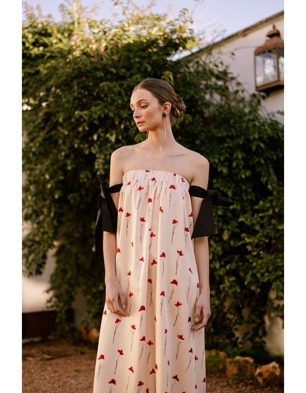 Vestido midi beige con estampado de rosas 2