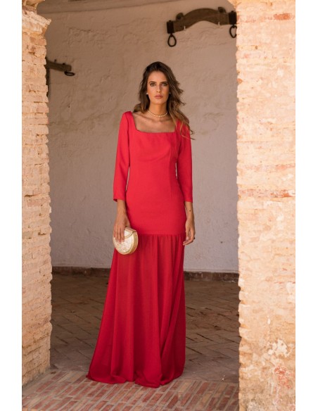 Long red dress with chiffon skirt and crepe bodice