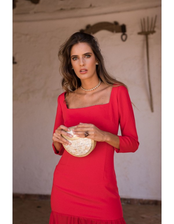 Vestido largo rojo con falda de gasa y cuerpo en crepé 2