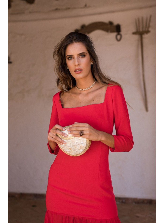 Long red dress with chiffon skirt and crepe bodice