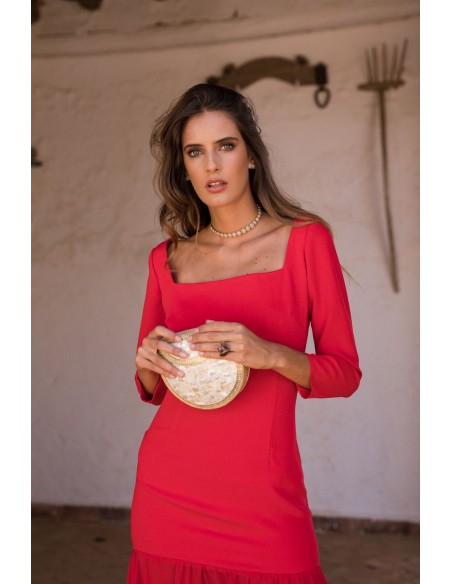 Vestido largo rojo con falda de gasa y cuerpo en crepé para bodas de tarde Vestido largo rojo con falda de gasa y cuerpo en crepé para bodas de tarde