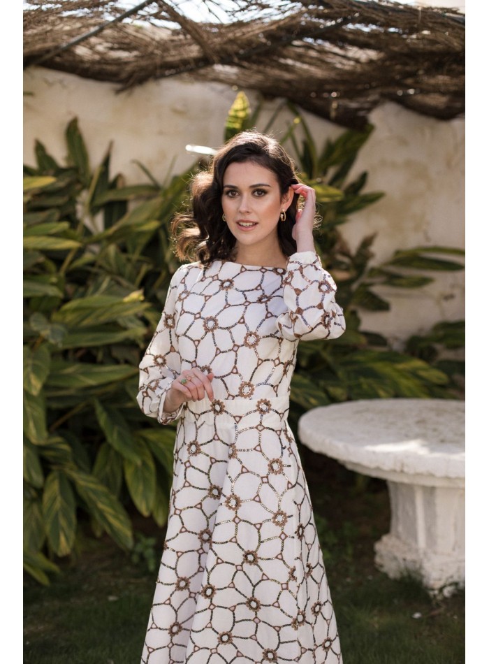Vestido midi con lentejuelas cobre y manga larga para ocasiones especiales