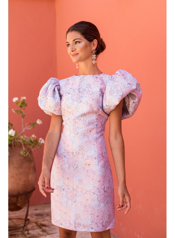 Floral brocade short dress with puffed sleeves