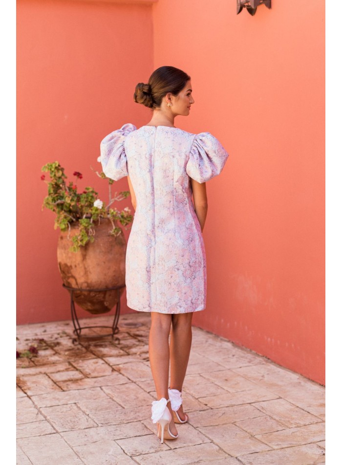 Floral brocade short dress with puffed sleeves