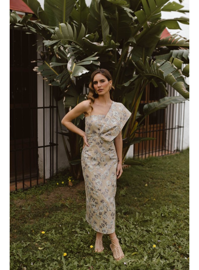 Robe midi or, vert d'eau et lilas avec fleurs en brocart