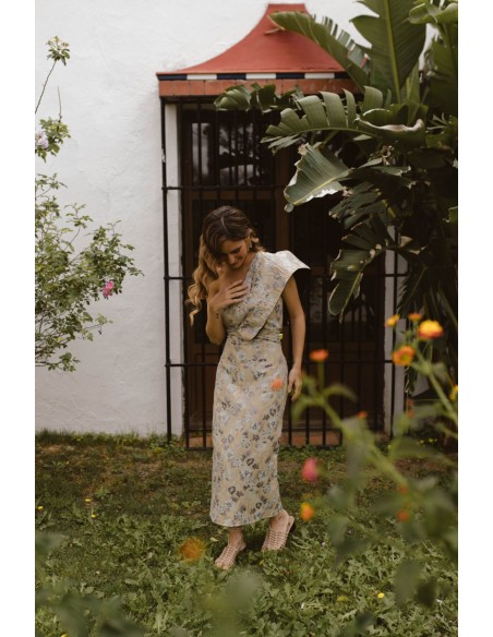 Gold, aqua green and lilac midi dress with brocade flowers