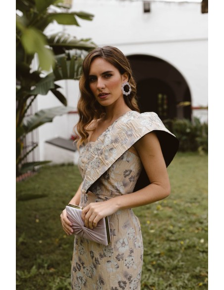 Vestido midi brocado de flores dorado, verde agua y lila para invitadas