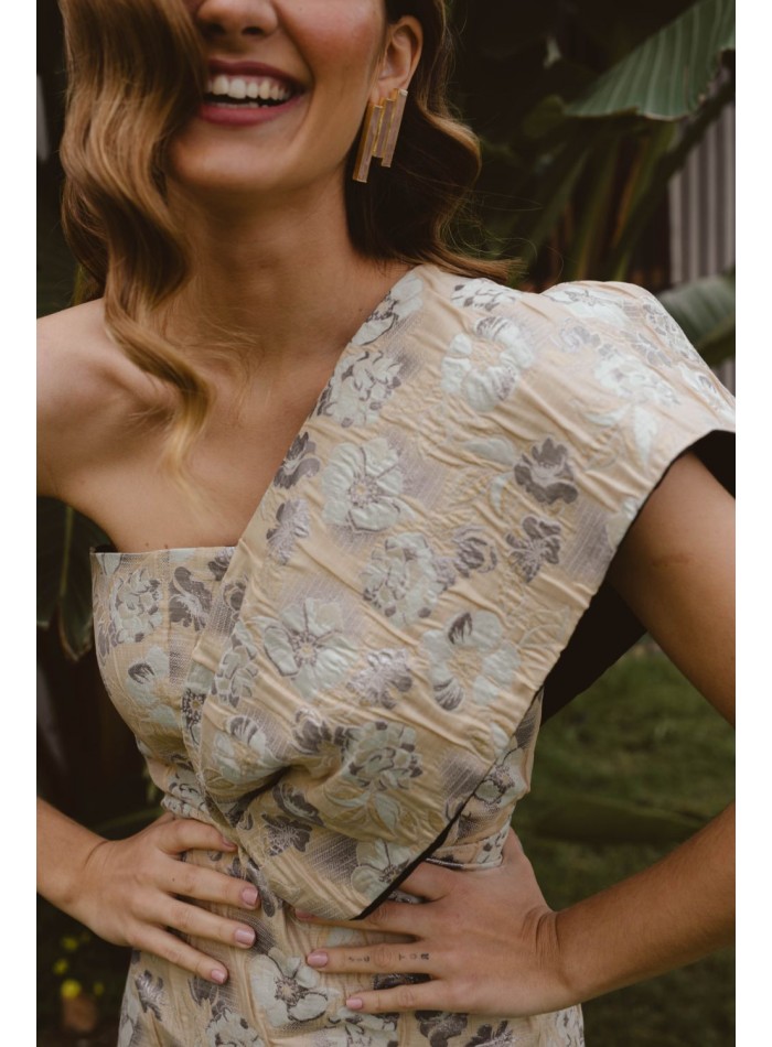 Robe midi or, vert d'eau et lilas avec fleurs...