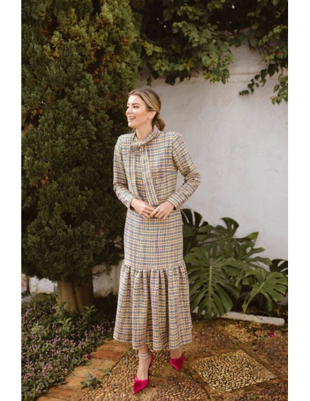 Robe midi en tweed multicolore avec laçage et volant