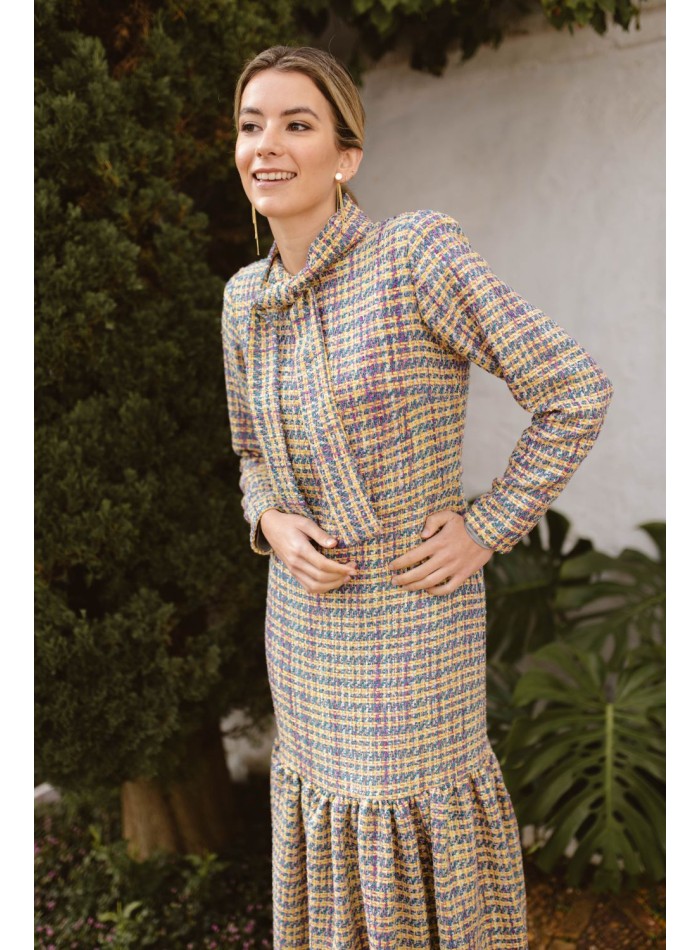 Robe midi en tweed multicolore avec laçage et...