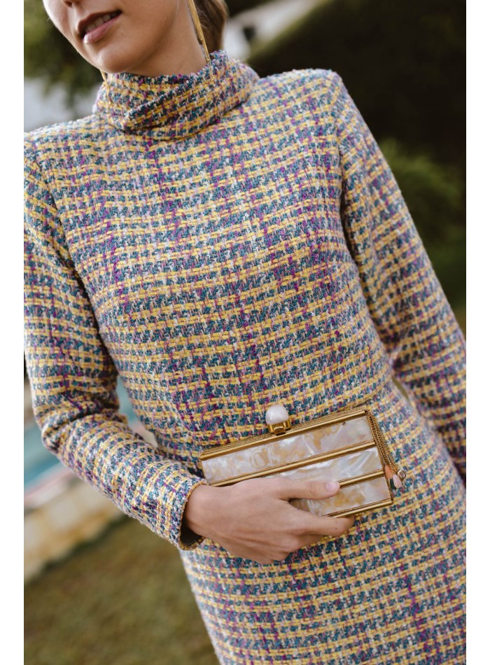 Multicolor tweed midi dress with lacing and ruffle